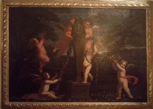 Par de pinturas a óleo sobre tela com querubins, retratando a primavera e o outono com moldura de época.